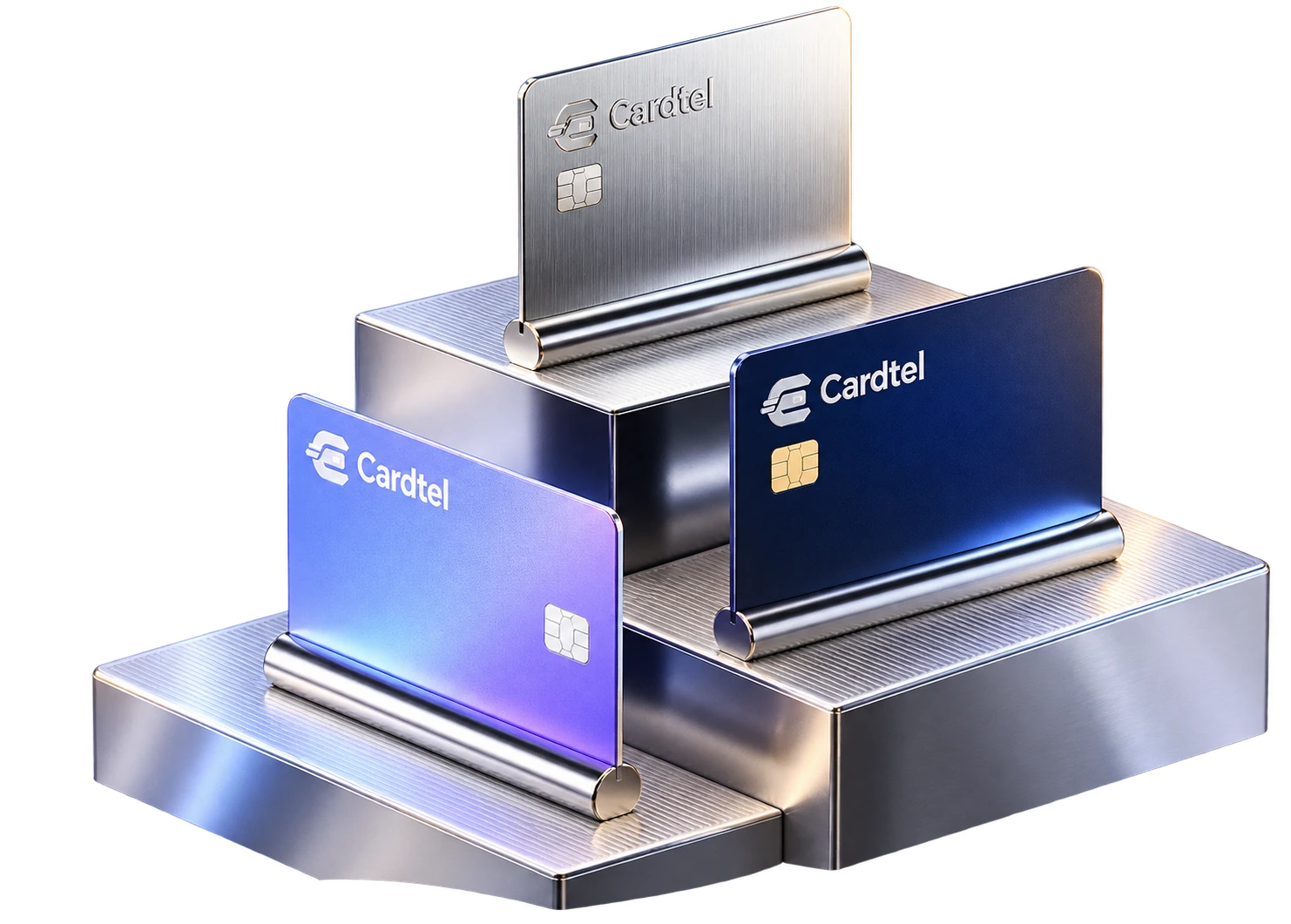 Silver, midnight and periwinkle Cardtel cards on finely brushed aluminium stands