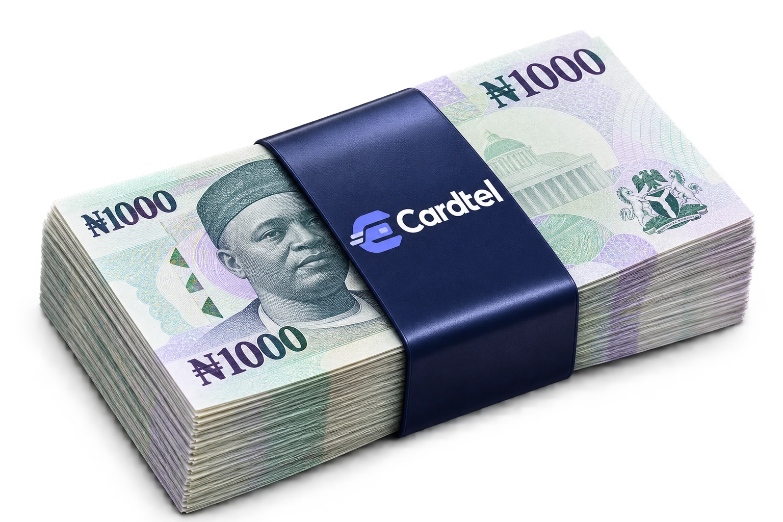 Detailed naira banknote sculpture wrapped in a navy Cardtel band